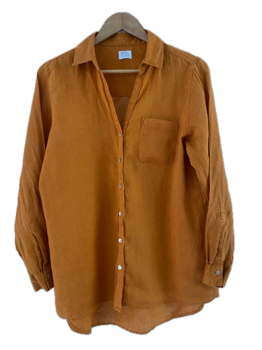 SIGRID OLSEN 100% Linen Button Down Shirt Burnt Orange Large EUC